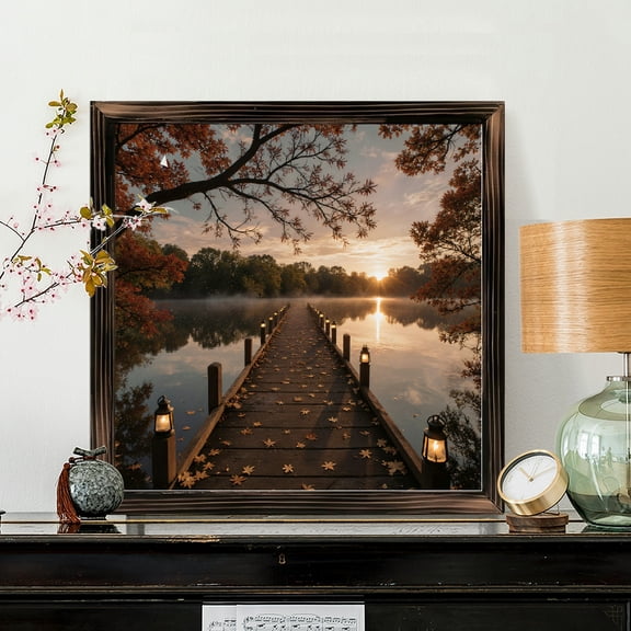 8x8 Inch Square Framed Wood Wall Art, Golden Hour Lake Pier Landscape with Autumn Maple Leaves, Rustic Wooden Panel Decorative Picture for Home Living Room Decor 1pc