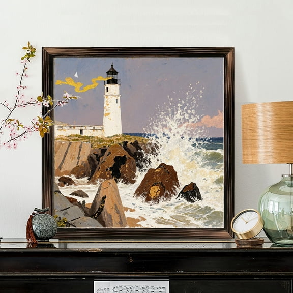 8x8 Inch Square Framed Wood Wall Art, Impressionist Coastal Lighthouse and Rough Sea Landscape Painting on Wood Panel 1pc for Home Office Wall Decor