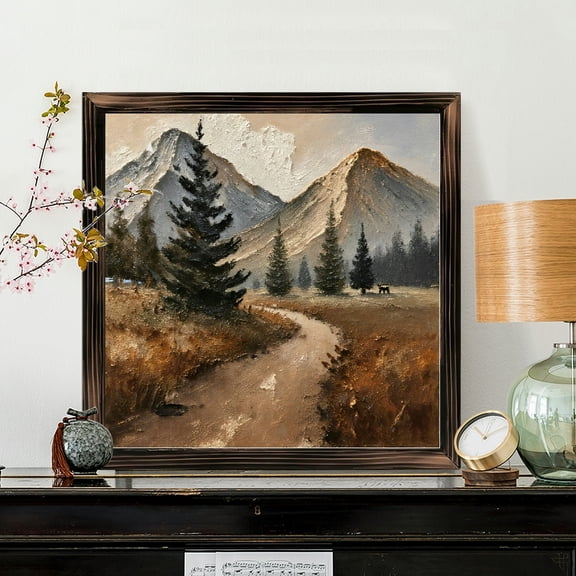 8x8 Inch Square Framed Wood Wall Art, Impressionist Landscape Painting with Mountain Path and Evergreen Tree, Textured Wooden Panel Decorative Picture for Home Office Wall Decor 1pc