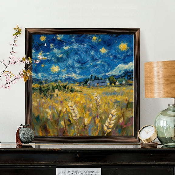 8x8 Inch Square Framed Wood Wall Art, Impressionist Night Sky Wheat Field Landscape Painting, Textured Farmhouse Decor on Wood Panel, 1pc for Home Living Room Bedroom Office Wall Decoration