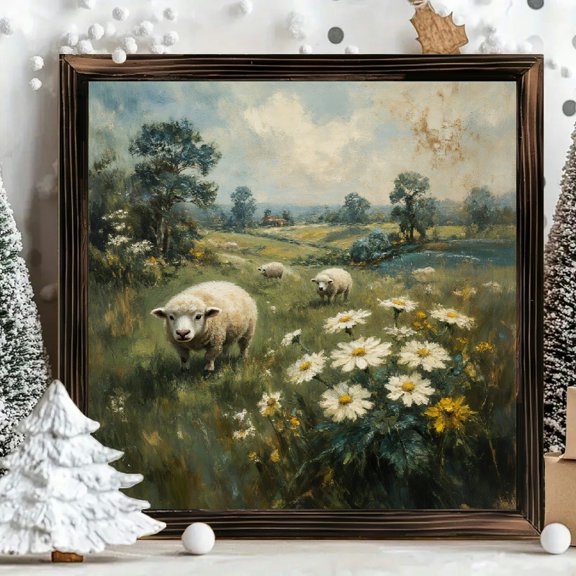 8x8 Inch Square Framed Wood Wall Art, Impressionist Pastoral Sheep Meadow Landscape Painting on Wood Panel, Rustic Farmhouse Decor for Living Room 1pc