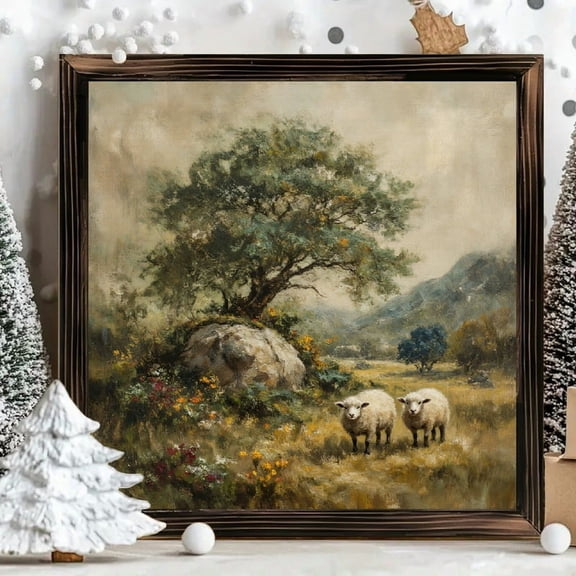 8x8 Inch Square Framed Wood Wall Art, Impressionist Pastoral Sheep and Wildflower Landscape Painting on Wood Panel, Decorative Artwork for Home Living Room Bedroom 1pc