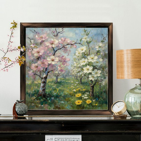 8x8 Inch Square Framed Wood Wall Art, Impressionist Spring Orchard Landscape Painting on Wood Panel, Decorative Floral Springtime Artwork for Home Living Room Wall Decor 1pc