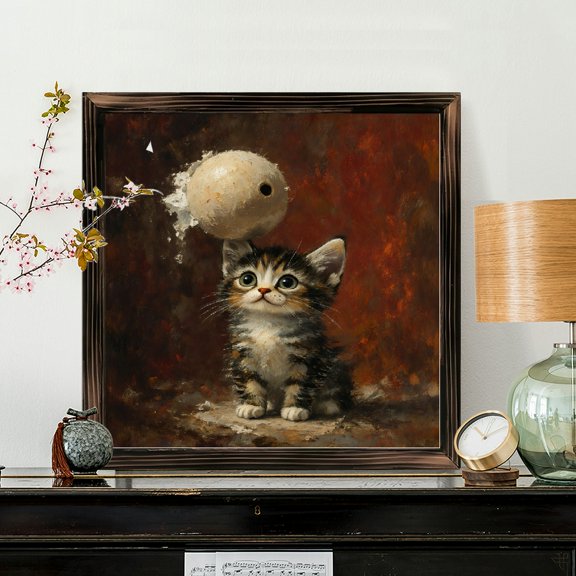 8x8 Inch Square Framed Wood Wall Art, Impressionistic Painting of a Calico Kitten with Magical Stone Sphere, Rustic Oil Style Abstract Artwork for Home Living Room Decor, 1pc