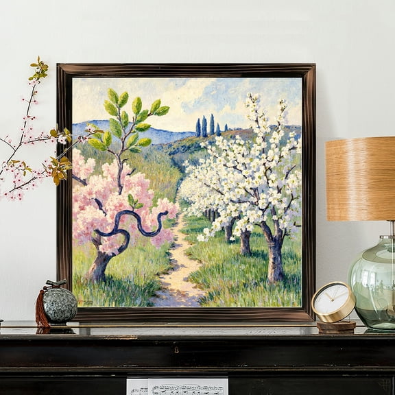 8x8 Inch Square Framed Wood Wall Art, Impressionistic Springtime Blossom Landscape Painting, Decorative Scenic Floral Print on Wood Panel for Living Room Home Decor, 1pc