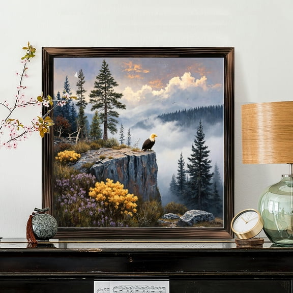 8x8 Inch Square Framed Wood Wall Art, Majestic Bald Eagle Over Misty Mountain Landscape Print, Rustic Nature Theme Wall Decor for Living Room or Bedroom 1pc