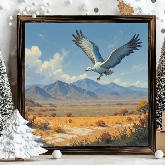 8x8 Inch Square Framed Wood Wall Art, Majestic Bird Flying Over Golden Grassland Landscape Print, Rustic Wooden Panel Decoration for Home Office Living Room 1pc