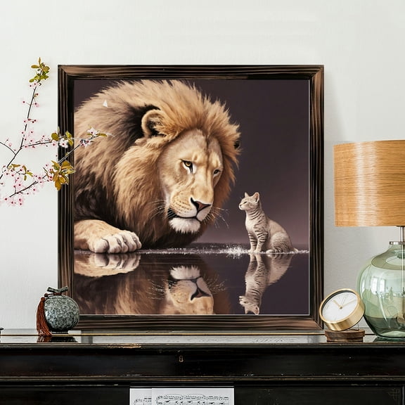 8x8 Inch Square Framed Wood Wall Art, Majestic Lion and Tiny Kitten Digital Illustration Print on Panel, Natural Wildlife Harmony Decor for Home or Office 1pc