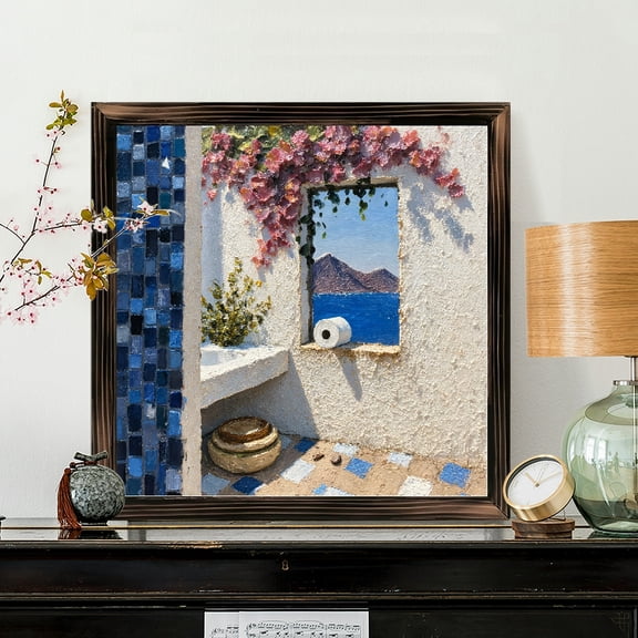 8x8 Inch Square Framed Wood Wall Art, Mediterranean Window View with Bougainvillea and Mosaic Tile Design, Decorative Wood Panel Painting for Home Office Decor 1pc