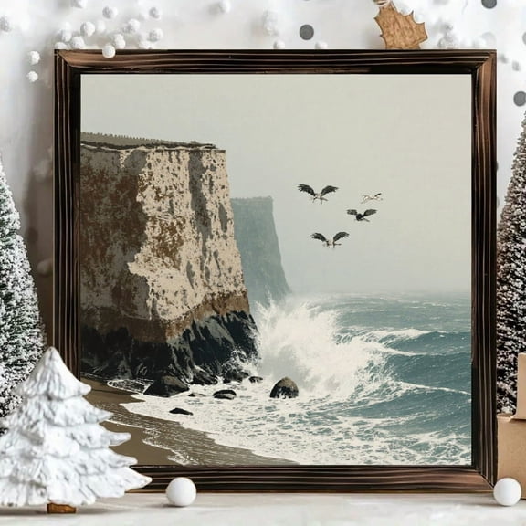 8x8 Inch Square Framed Wood Wall Art, Moody Coastal Chalk Cliffs Landscape Painting, Atmospheric Ocean Waves Decorative Panel for Home Living Room Decor 1pc