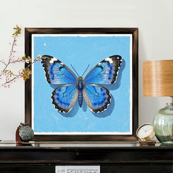 8x8 Inch Square Framed Wood Wall Art, Morpho Butterfly Illustration with Intricate Blue Wings, Sturdy Wood Panel Decorative Painting for Home Office Living Room Decor 1pc