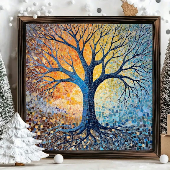 8x8 Inch Square Framed Wood Wall Art Mosaic Style Bare Tree Artwork with Warm Cool Diagonal Background Textured Panel Decor for Home