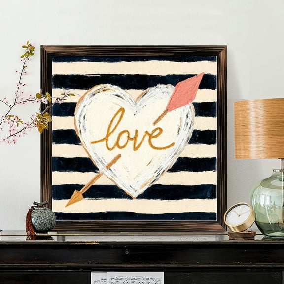 8x8 Inch Square Framed Wood Wall Art, Painted White Heart with Gold Love Script and Arrow Design, Textured Navy and Cream Striped Panel, 1pc Wall Decor for Bedroom Living Room