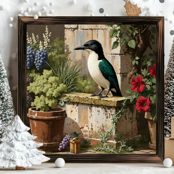 8x8 Inch Square Framed Wood Wall Art, Painterly Bird Perched on Stone Ledge with Garden Flora Design, Decorative Wood Panel Painting for Home Office Living Room Decor 1pc