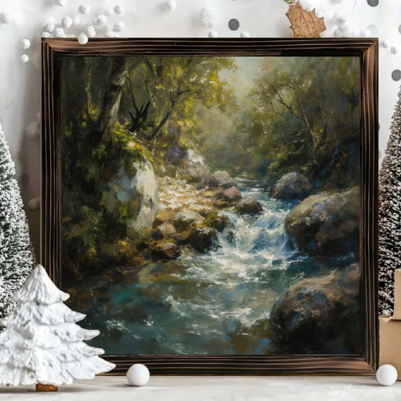 8x8 Inch Square Framed Wood Wall Art, Painterly Forest Stream and Rocky Landscape Print on Wood Panel, Decorative Artwork for Living Room or Office Decor 1pc