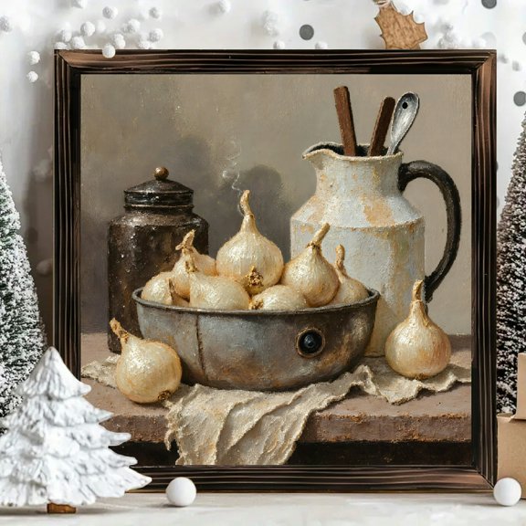 8x8 Inch Square Framed Wood Wall Art, Realistic Still Life Kitchen Painting with Onions and Pitcher, Rustic Decorative Wooden Plaque for Home Kitchen Dining Room Decor 1pc