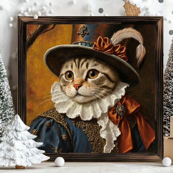 8x8 Inch Square Framed Wood Wall Art, Renaissance Portrait Cat in Ruff Collar Oil Painting Style Print for Home Living Room Bedroom Decoration 1pc