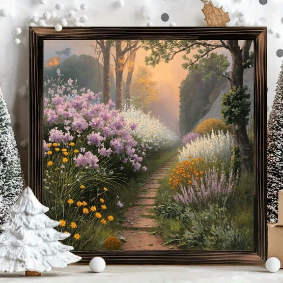 8x8 Inch Square Framed Wood Wall Art, Rustic Abstract Floral Painting on Panel, Decorative Wooden Hanging Picture for Home Bedroom Office Wall Decor 1pc