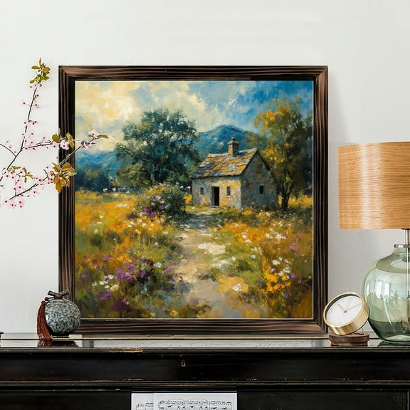 8x8 Inch Square Framed Wood Wall Art, Rustic Countryside Stone Cottage Meadow Landscape Painting on Wood Panel, Decorative Artwork for Home Living Room 1pc