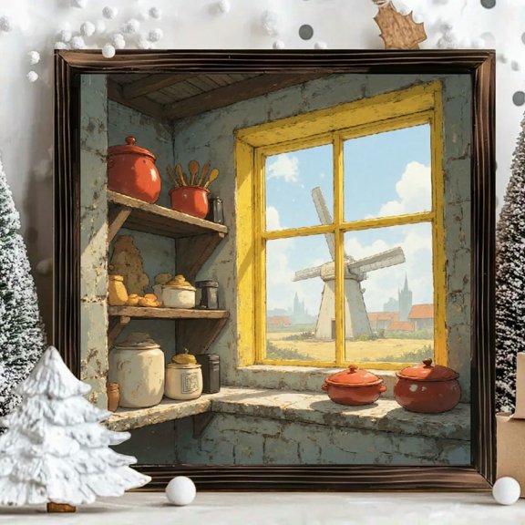 8x8 Inch Square Framed Wood Wall Art, Rustic Kitchen Interior with Windmill Landscape Print on Wood Panel, Decorative Wall Decor for Home Living Room 1pc