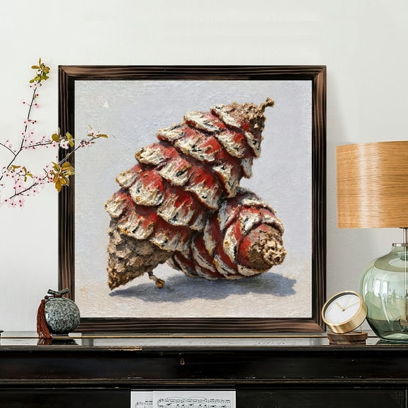 8x8 Inch Square Framed Wood Wall Art, Rustic Pinecone Botanical Painting on Panel, Natural Earthy Texture Wall Decor for Home Living Room Bedroom 1pc