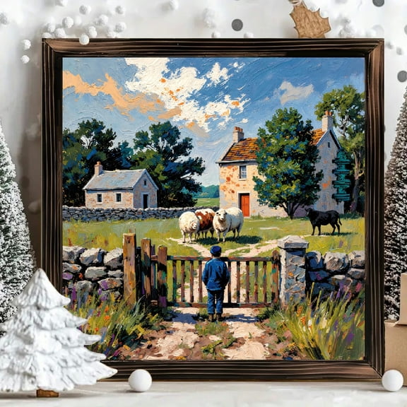 8x8 Inch Square Framed Wood Wall Art, Rustic Rural Landscape Painting with Sheep and Stone Houses on Wood Panel, Decorative Wall Hanging for Home Office Decor 1pc