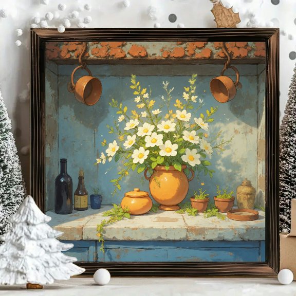 8x8 Inch Square Framed Wood Wall Art, Rustic Still Life Floral Vase Painting, Distressed Blue Wall Background Print on Wood Panel for Home Kitchen Decor, 1pc