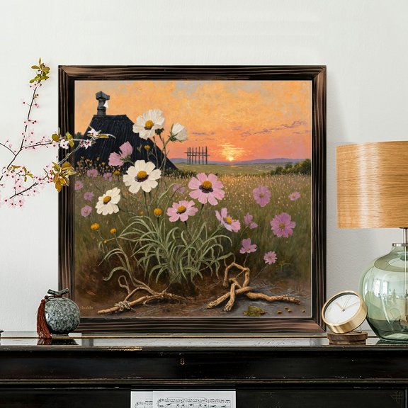 8x8 Inch Square Framed Wood Wall Art, Rustic Sunset Landscape with Cosmos Flowers and Memorial Cross Print on Wood Panel, Decorative Hanging Decor for Home Living Room Bedroom 1pc