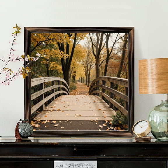 8x8 Inch Square Framed Wood Wall Art, Serene Autumn Forest Bridge Landscape Print on Wood Panel, Rustic Seasonal Home Decor for Living Room or Office 1pc