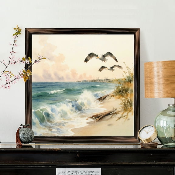 8x8 Inch Square Framed Wood Wall Art, Serene Coastal Landscape with Seagulls and Sandy Beach Watercolor Print, Rustic Wood Panel Decor for Home Office 1pc