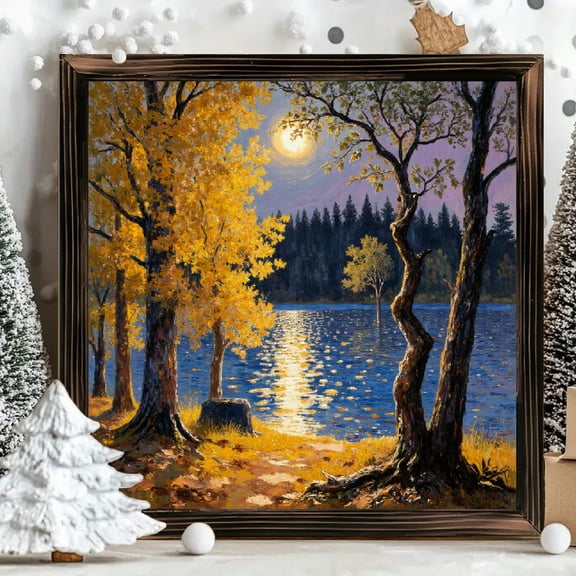8x8 Inch Square Framed Wood Wall Art, Serene Twilight Lakeside Landscape Painting, Rustic Wood Panel Decor for Bedroom or Living Room, 1pc Set