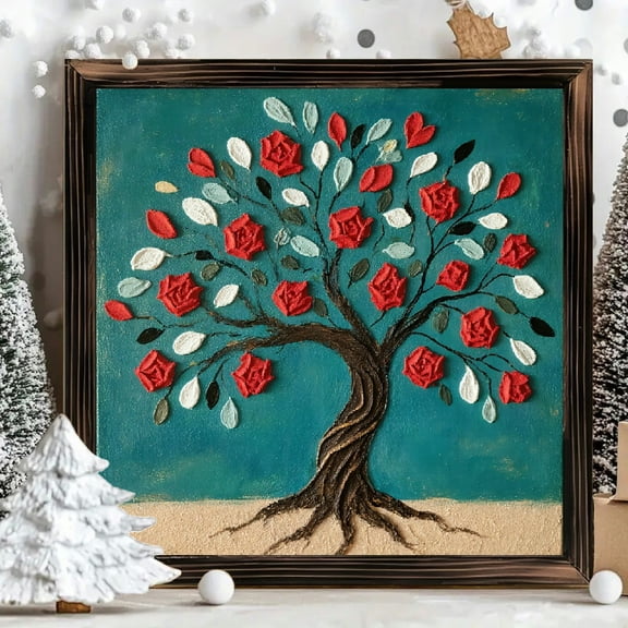 8x8 Inch Square Framed Wood Wall Art, Textured 3D Tree Painting with Red Roses and Floral Foliage, Decorative Impasto Relief Wall Decor for Living Room Bedroom 1pc