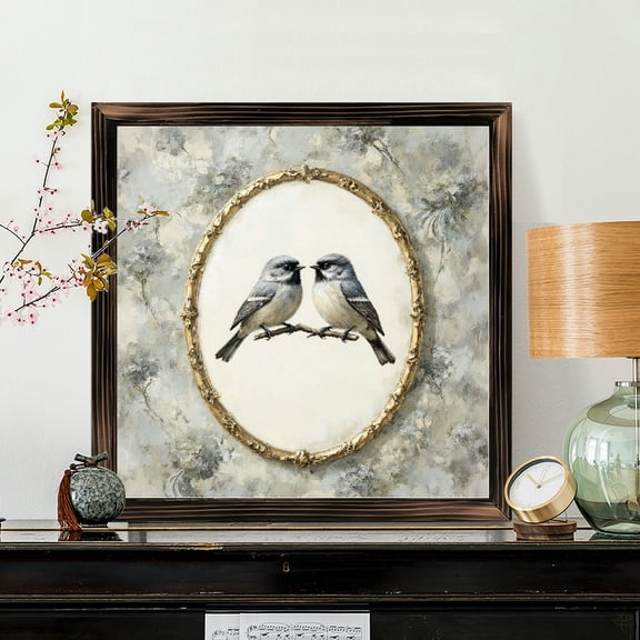 8x8 Inch Square Framed Wood Wall Art, Two Romantic Birds Perched on Branch Decorative Painting, Ornate Gold Bordered Panel for Home Living Room Bedroom Decor 1pc