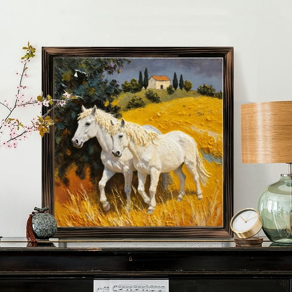 8x8 Inch Square Framed Wood Wall Art, Two White Horses in Golden Field Painting with Rustic Hillside Landscape, Textured Brushstroke Print for Farmhouse Home Decor, 1pc