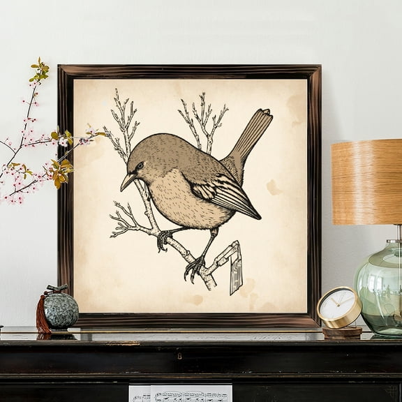 8x8 Inch Square Framed Wood Wall Art, Vintage Bird Illustration on Branch Print, Etching Style Naturalist Decor on Aged Parchment Background, 1pc for Home Office Wall Decoration