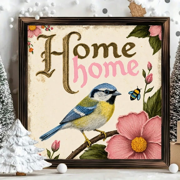 8x8 Inch Square Framed Wood Wall Art Vintage Cottagecore Home Decor Sign with Bird Flower Bumblebee for Kitchen Entryway