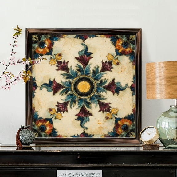 8x8 Inch Square Framed Wood Wall Art, Vintage Floral Medallion Decorative Panel with Teal and Burgundy Acanthus Motifs, Traditional Botanical Wall Decor for Living Room Bedroom 1pc