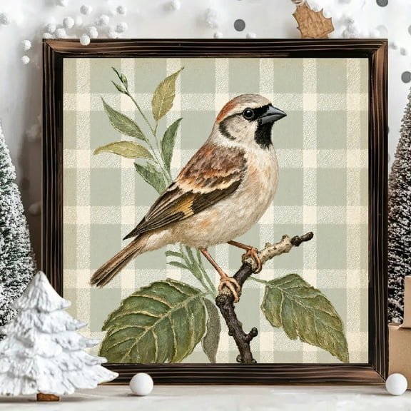 8x8 Inch Square Framed Wood Wall Art Vintage Natural History Illustration Sparrow Bird on Branch with Green Leaves Mounted Panel Decor 1pc