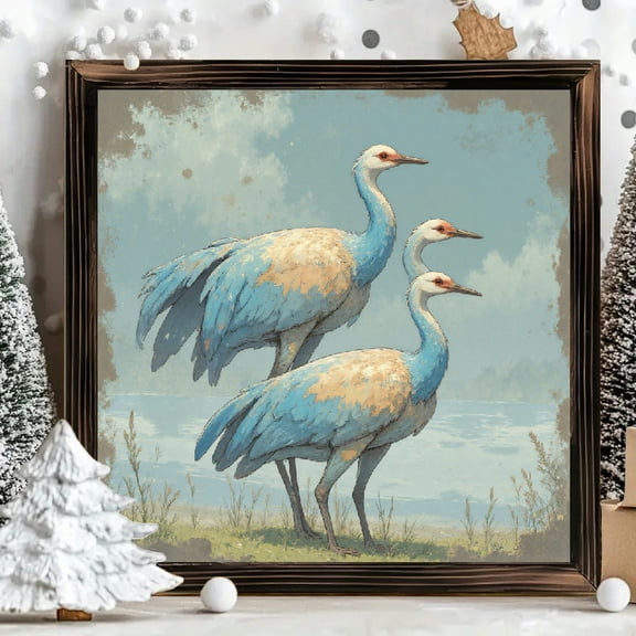 8x8 Inch Square Framed Wood Wall Art, Vintage Style Crane Bird Illustration on Wood Panel, Decorative Wall Decor for Home Office Living Room 1pc