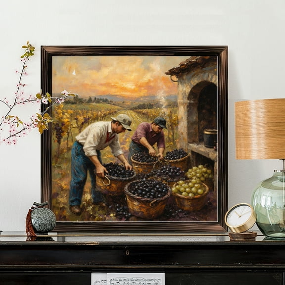 8x8 Inch Square Framed Wood Wall Art, Vintage Vineyard Grape Harvest Landscape Painting, Rustic Farmhouse Style Wood Panel Decor for Kitchen or Living Room 1pc