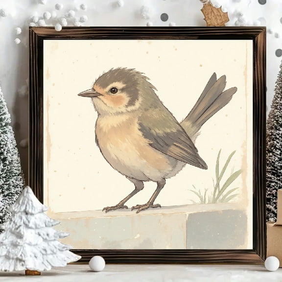 8x8 Inch Square Framed Wood Wall Art, Watercolor Fluffy Bird Illustration on Vintage Paper Texture, Rustic Decorative Wooden Panel for Home Office Wall Decor 1pc