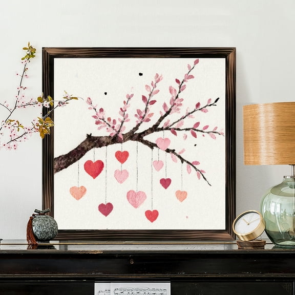 8x8 Inch Square Framed Wood Wall Art, Watercolor Pink Blossom Tree with Hanging Hearts Illustration on Off-White Paper, Decorative Wood Panel Decor for Bedroom Living Room 1pc