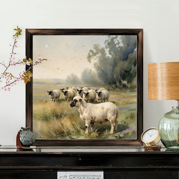 8x8 Inch Square Framed Wood Wall Art, Watercolor Sheep in Grassy Meadow Print, Rustic Farmhouse Style Decorative Wood Panel for Living Room and Bedroom Decor 1pc