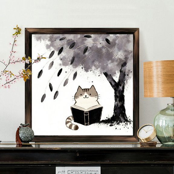 8x8 Inch Square Framed Wood Wall Art, Whimsical Cartoon Cat Reading Under Tree Illustration, Monochromatic Ink Style Decorative Wood Panel for Living Room Bedroom Decor 1pc