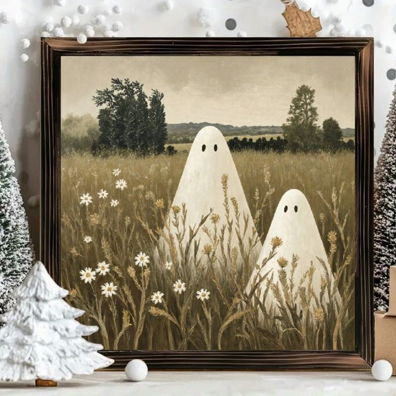 8x8 Inch Square Framed Wood Wall Art, Whimsical Ghost Duo in Wildflower Field Illustration, Rustic Decorative Wooden Panel Print for Home Bedroom Living Room Decor 1pc