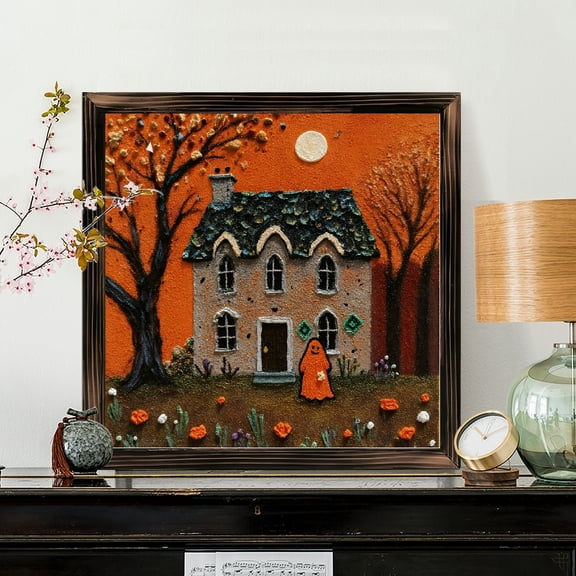 8x8 Inch Square Framed Wood Wall Art, Whimsical Halloween Scene with Cute Ghost and Spooky House Motif, Decorative Texture Art Print on Wood Panel for Fall Holiday Home Decor 1pc