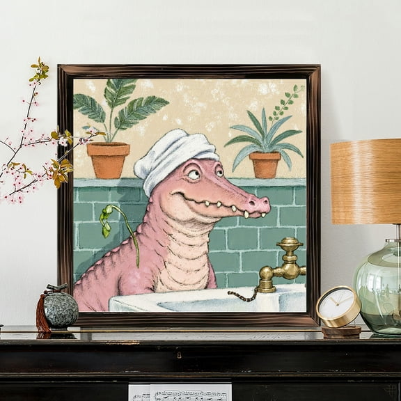 8x8 Inch Square Framed Wood Wall Art, Whimsical Pink Alligator Taking a Bath Illustration, Pastel Cartoon Bathroom Decor on Wood Panel, 1pc Wall Hanging for Home Bathroom Decoration