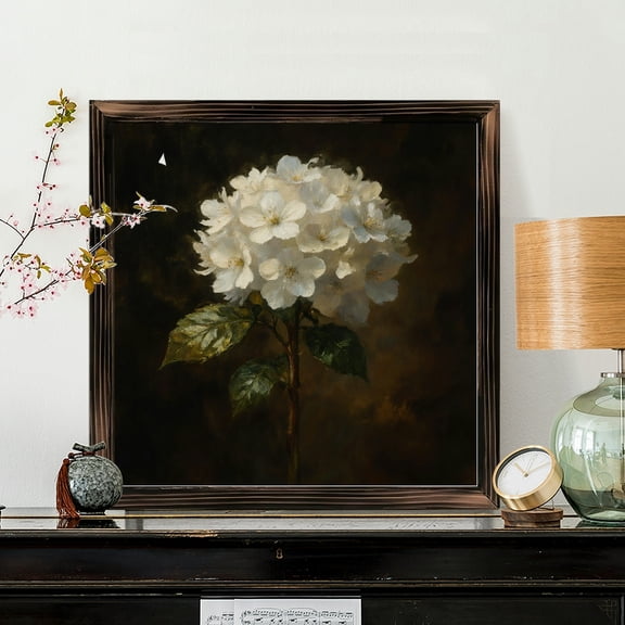 8x8 Inch Square Framed Wood Wall Art, White Cherry Blossom Floral Oil Painting on Wood Panel, Elegant Moody Botanical Still Life Wall Decor for Living Room 1pc