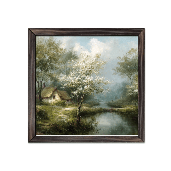 8x8 Inch Square Wooden Framed Decorative Plaque Hanging Sign, Framed Impressionistic Landscape Wall Art Nature Scenery Print for Living Room Bedroom Office Decor Serene Springtime View H