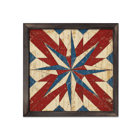 8x8 Inch Square Wooden Framed Decorative Plaque Hanging Sign, Rustic Americana Star Barn Quilt Pattern Wood Wall Art Decor Distressed Red White Blue Frame Picture for Living Room Study O